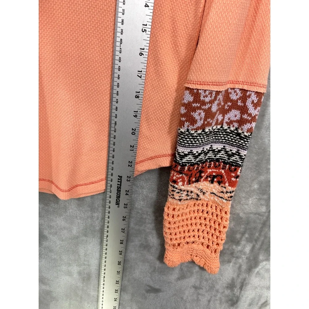 Free People Large In‎ The Mix Desert Orange Crochet Cuff Waffle Knit Thermal Top